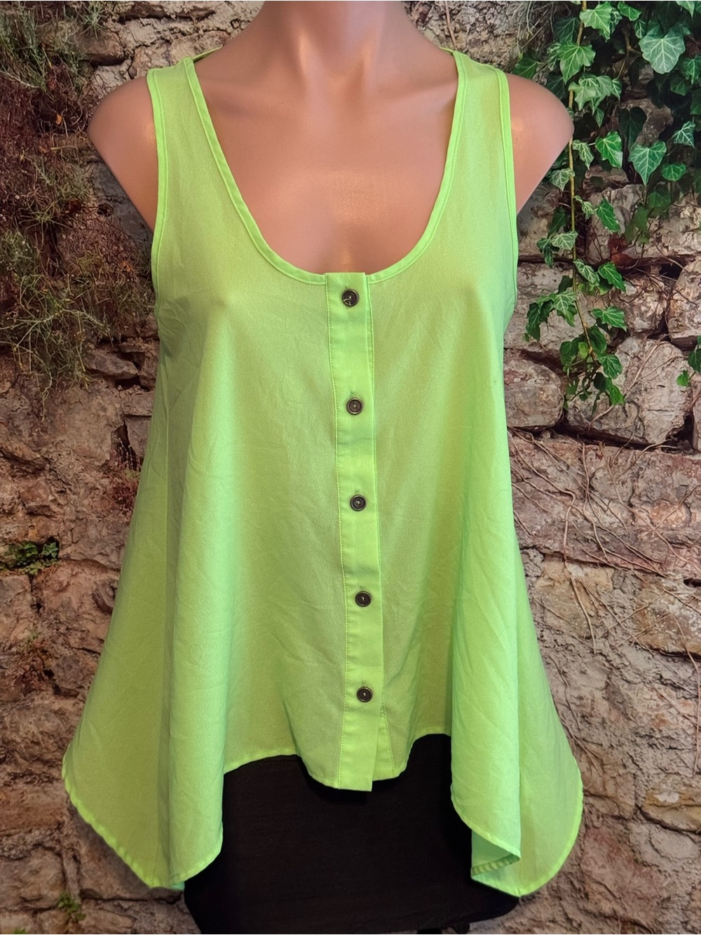 Fun! Neon Green Sheer Button-Front Strappy Back Flowy Tank Top